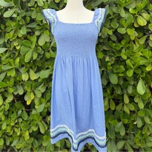 Sail to Sable Blue Smocked Mini Dress with Trim